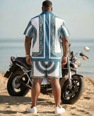 Big & Tall Men's Hawaiian Holiday Light Luxury Baroque Blue & White Short Sleeve Cardigan Shirt Shorts Set