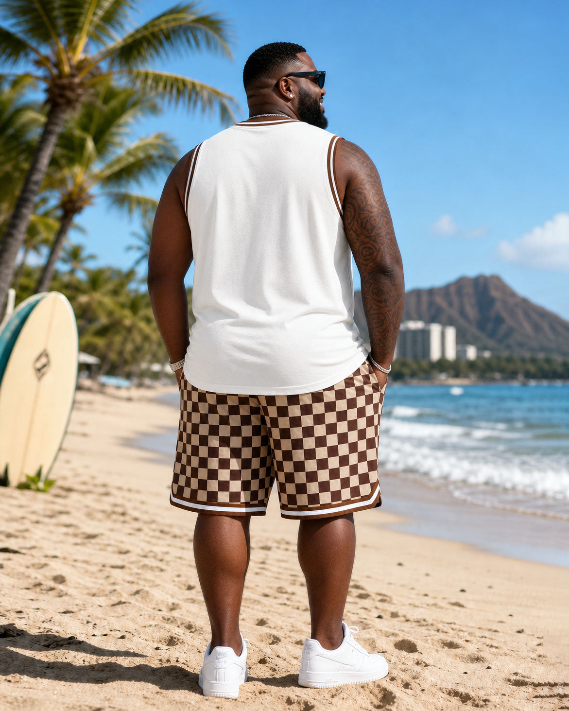 Big & Tall Men's Hawaiian Checkerboard Print Tank Shorts Set