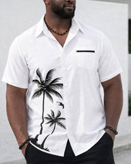Big & Tall Men's Details Page Holiday Leisure Travel Party White Coconut Silhouette Print Short Sleeve Cardigan Shirt