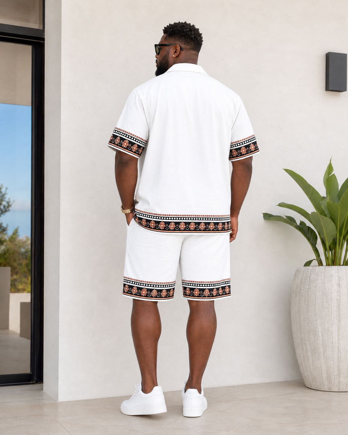 Big & Tall Men's Vintage Baroque Pattern Symmetrical Printed Hawaiian Holiday Button Shirt Short Sleeve Shorts Set