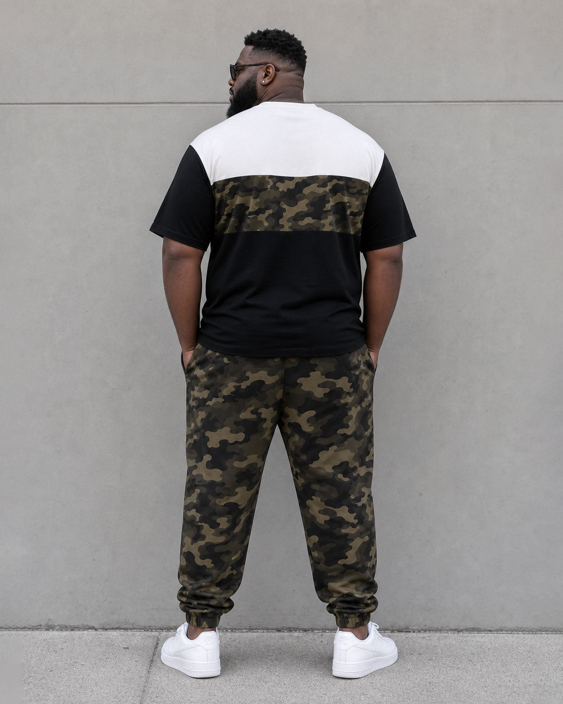 Big & Tall Men's Daily Leisure Travel Party Camouflage & Black & White Mosaic Army Green Short Sleeve T-shirt Sports Pants Set