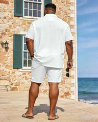 Large Size Men's Spring And Summer Casual Vacation Business Party White Music Guitar Pattern Short Sleeve POLO Shirt Shorts Set