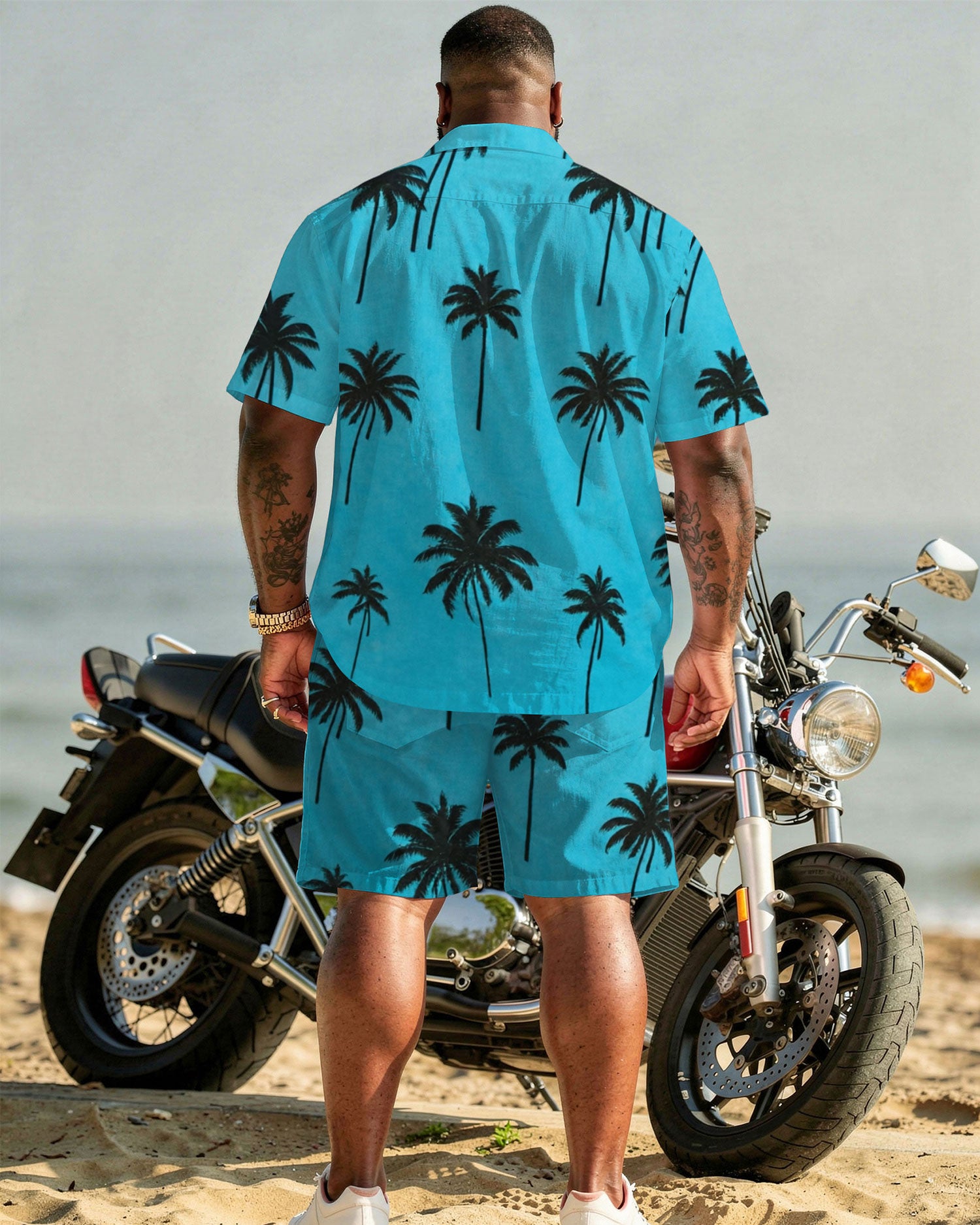 Big & Tall Men's Hawaiian Holiday Coconut Tree Silhouette Full Print Cardigan Short Sleeve Shirt Shorts Set