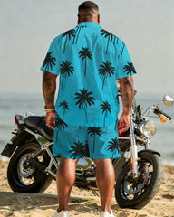 Big & Tall Men's Hawaiian Holiday Coconut Tree Silhouette Full Print Cardigan Short Sleeve Shirt Shorts Set
