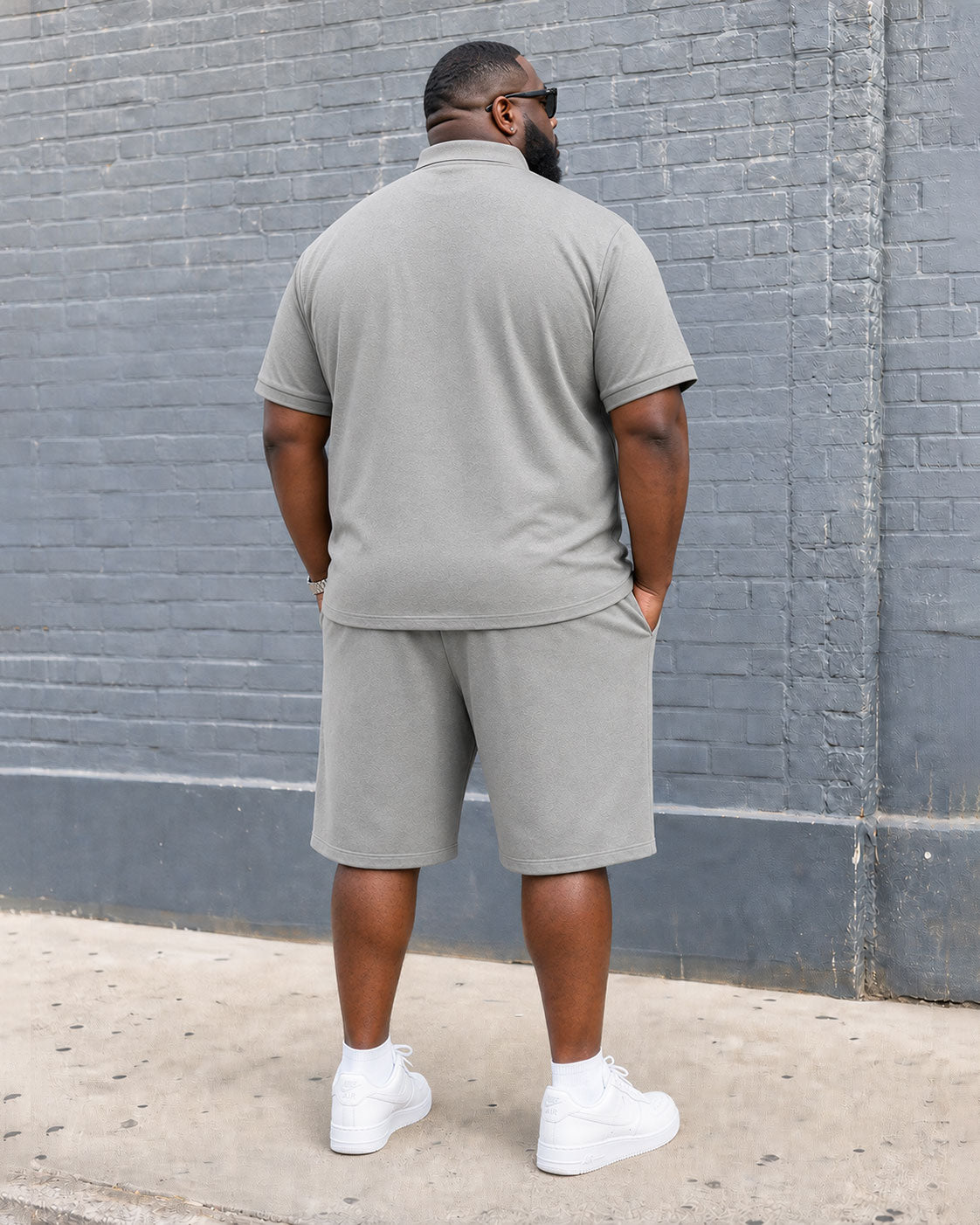 Big & Tall Men's Gray Line Geometric Button Polo Shirt Short Sleeve Shorts Set
