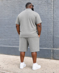 Big & Tall Men's Gray Line Geometric Button Polo Shirt Short Sleeve Shorts Set
