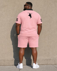 Big & Tall Men's Pink Sports Leisure Daily Pink Pattern Positioning Printed POLO Shirt Short Sleeve Shorts Set