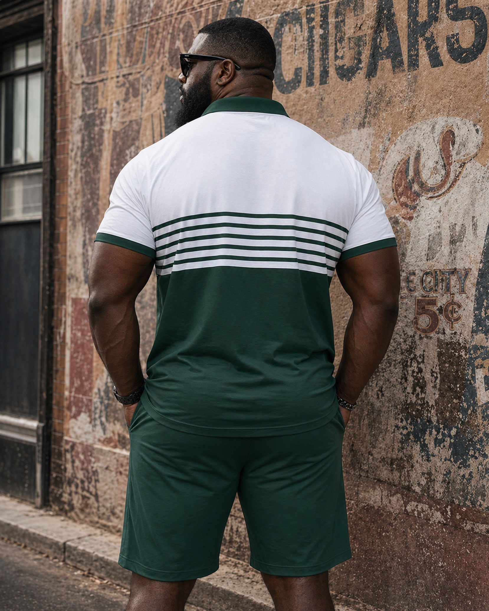 Big & Tall Men's Daily Casual Simple Green & White Stripe Contrast Short Sleeve POLO Shirt Shorts Set