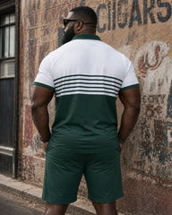 Big & Tall Men's Daily Casual Simple Green & White Stripe Contrast Short Sleeve POLO Shirt Shorts Set