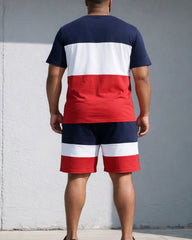 Big & Tall Men’s Royal Blue, White, And Black Patchwork Contrasting Color Chest “World” Slogan Printed T-Shirt And Shorts Set