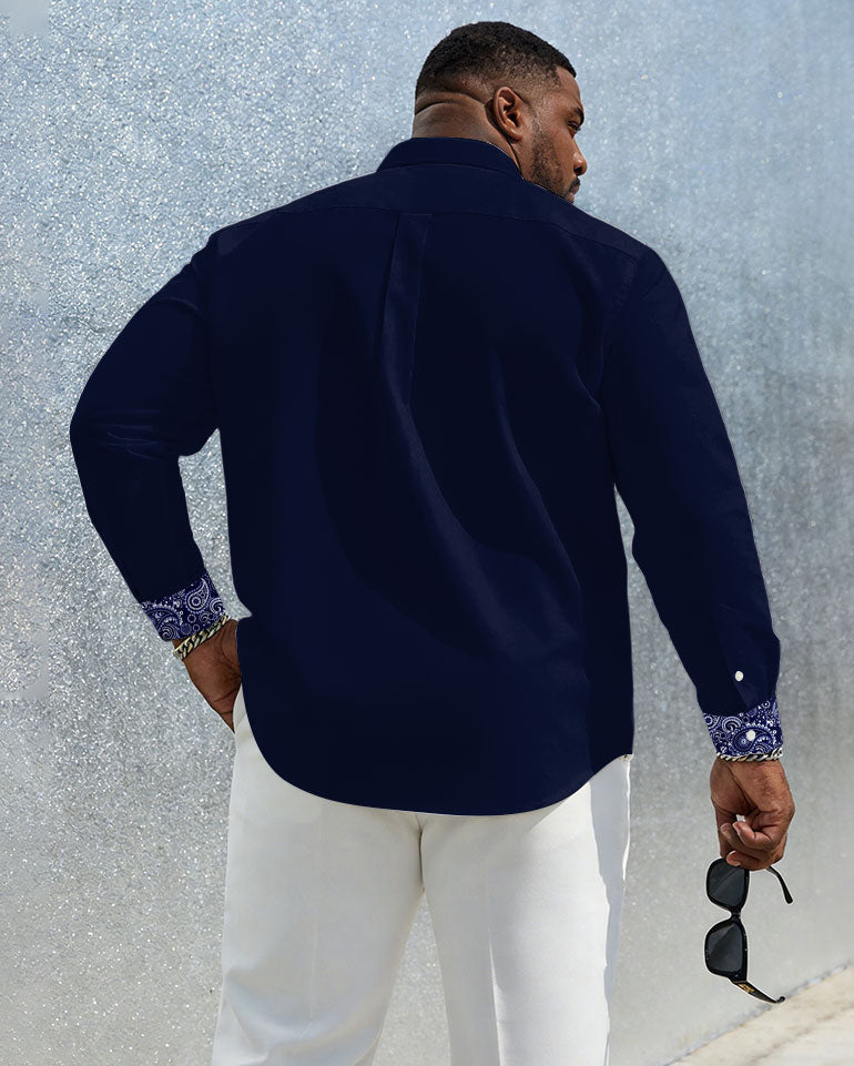 Men's Plus Size Casual Vacation Music Character Dating Cuff Collar Paisley Pattern Royal Blue Wrinkle-resistant New Lapel Long Sleeve Shirt