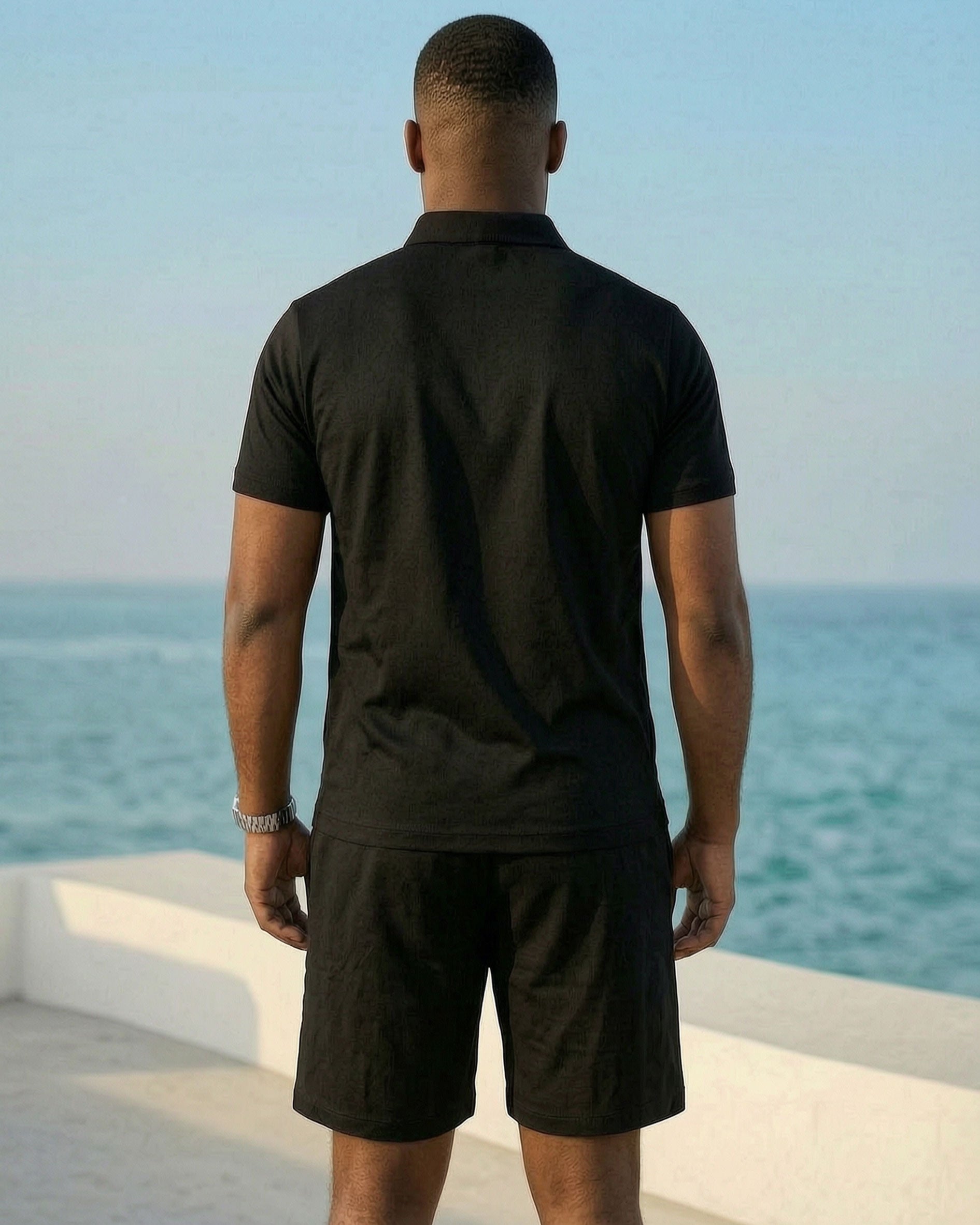 Big & Tall Men's Business Leisure Vacation Black POLO Short Sleeve Shorts Set