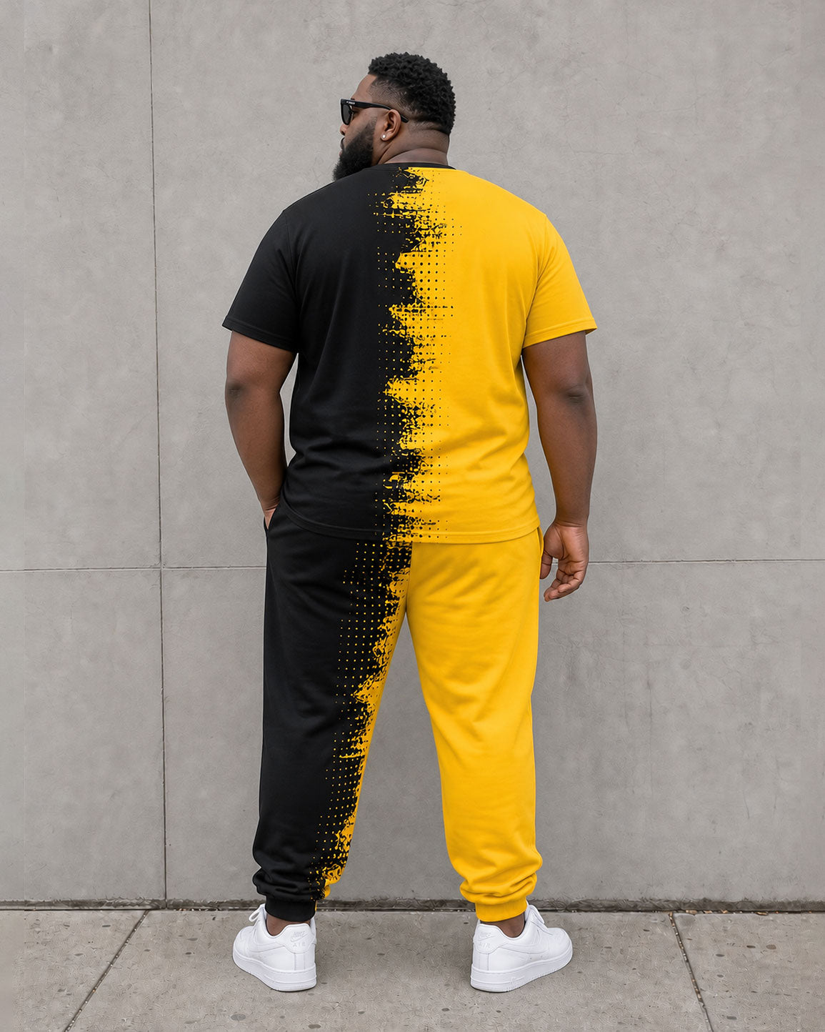 Big & Tall Men's Yellow & Black Splash Ink Design Irregular Pattern KING Chest Large Printed Short Sleeve T-Shirt Sports Pants Set