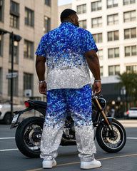 Big & Tall Men's Blue Cotton-Blend Sequins Christmas Short Sleeve Shirt Pants Set
