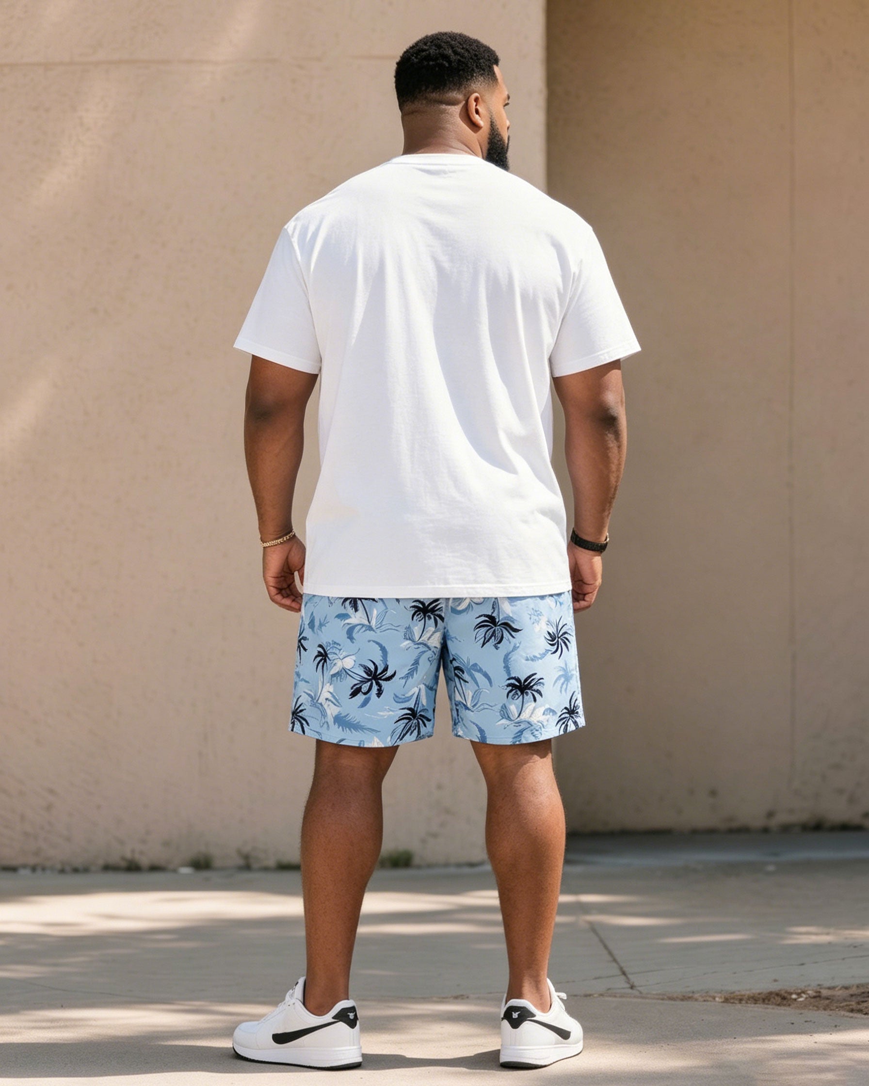 Big & Tall Men's Blue & White Simple Holiday Casual Hawaiian T-Shirt Shorts Set