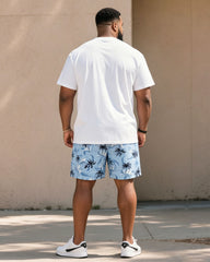 Big & Tall Men's Blue & White Simple Holiday Casual Hawaiian T-Shirt Shorts Set
