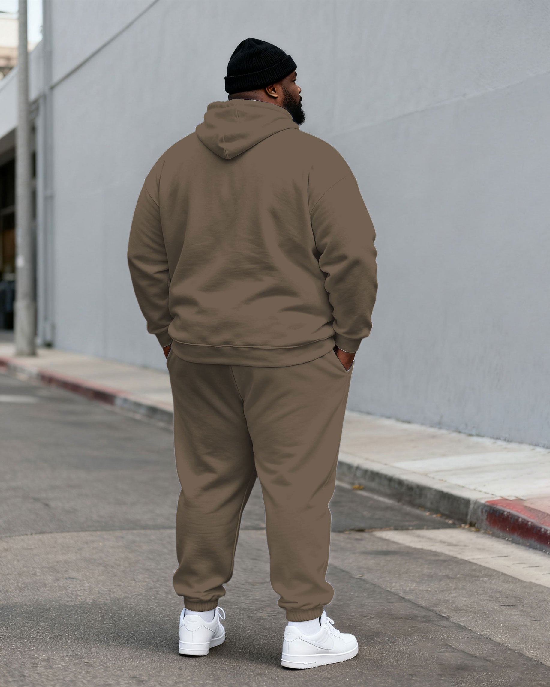 Large Size Men's Autumn And Winter Warm Cold-proof Grey Curry & Black Contrast Small Label Printed Hoodie Sweatpants Set