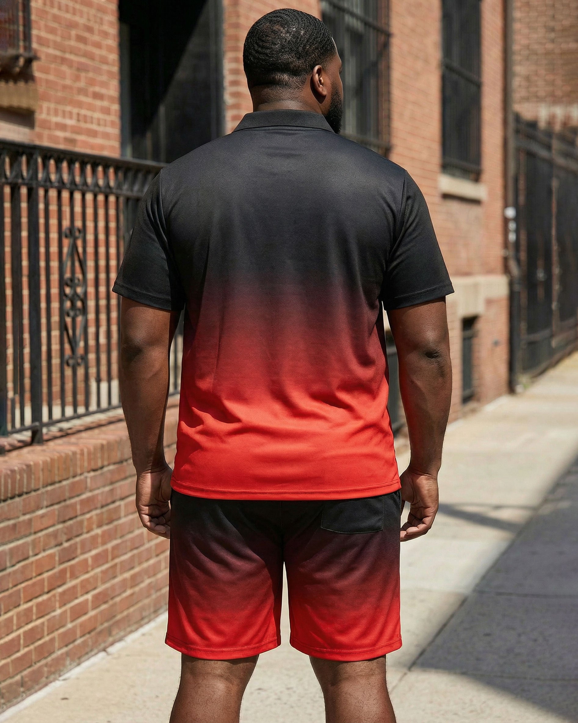 Big & Tall Men's Black & Red Gradient Chest "king" Crown Small Label Short Sleeve POLO Shirt Shorts Set