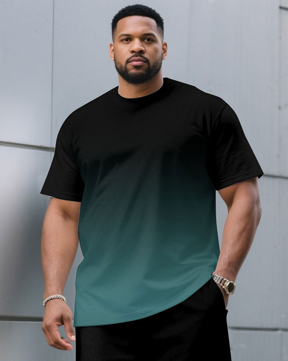 Men's Plus Size Casual Black & Red Chest Gradient Fashion Round Neck Short Sleeve T-Shirt and Shorts Suit