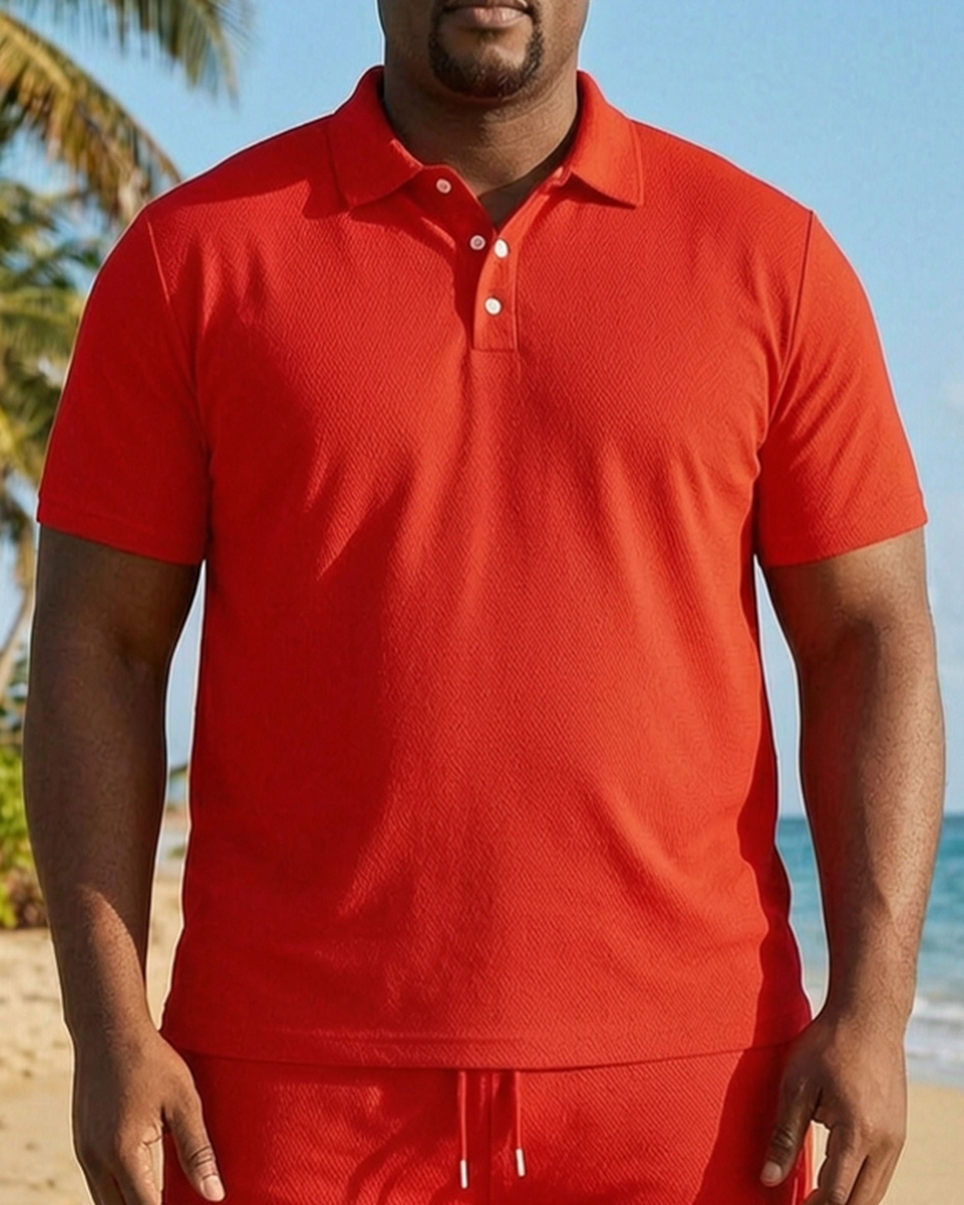 Big & Tall Men's Red Solid Color Casual Polo Shirt Short Sleeve Shorts Set