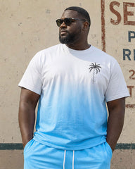 Big & Tall Men's White & Blue Mid Gradient Chest Hawaiian Coconut Tree Print Short Sleeve T-Shirt Shorts Set
