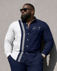 Big & Tall Men's Simple Contrast Color Stitching Business Leisure Travel Long Sleeve Shirt Pants Set