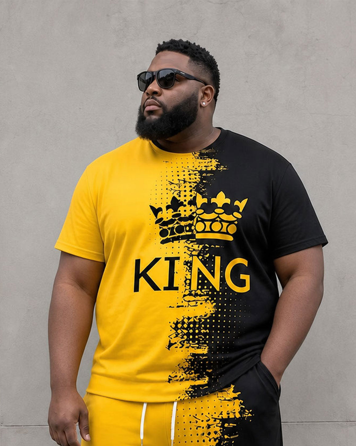 Big & Tall Men's Yellow & Black Splash Ink Design Irregular Pattern KING Chest Large Printed Short Sleeve T-Shirt Sports Pants Set