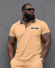 Big & Tall Men's Daily Travel Orange Neck Features Plaid Contrast Stitching POLO Shirt Short Sleeve Shorts Set