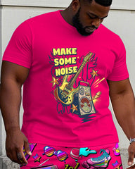 Big & Tall Men's Rose Red Music Carnival Printing Crewneck Short Sleeve T-Shirt Shorts Set