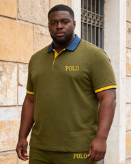 Big & Tall Men's Army Green Simple Chest Small Label Printed POLO Shirt Short Sleeve Shorts Set
