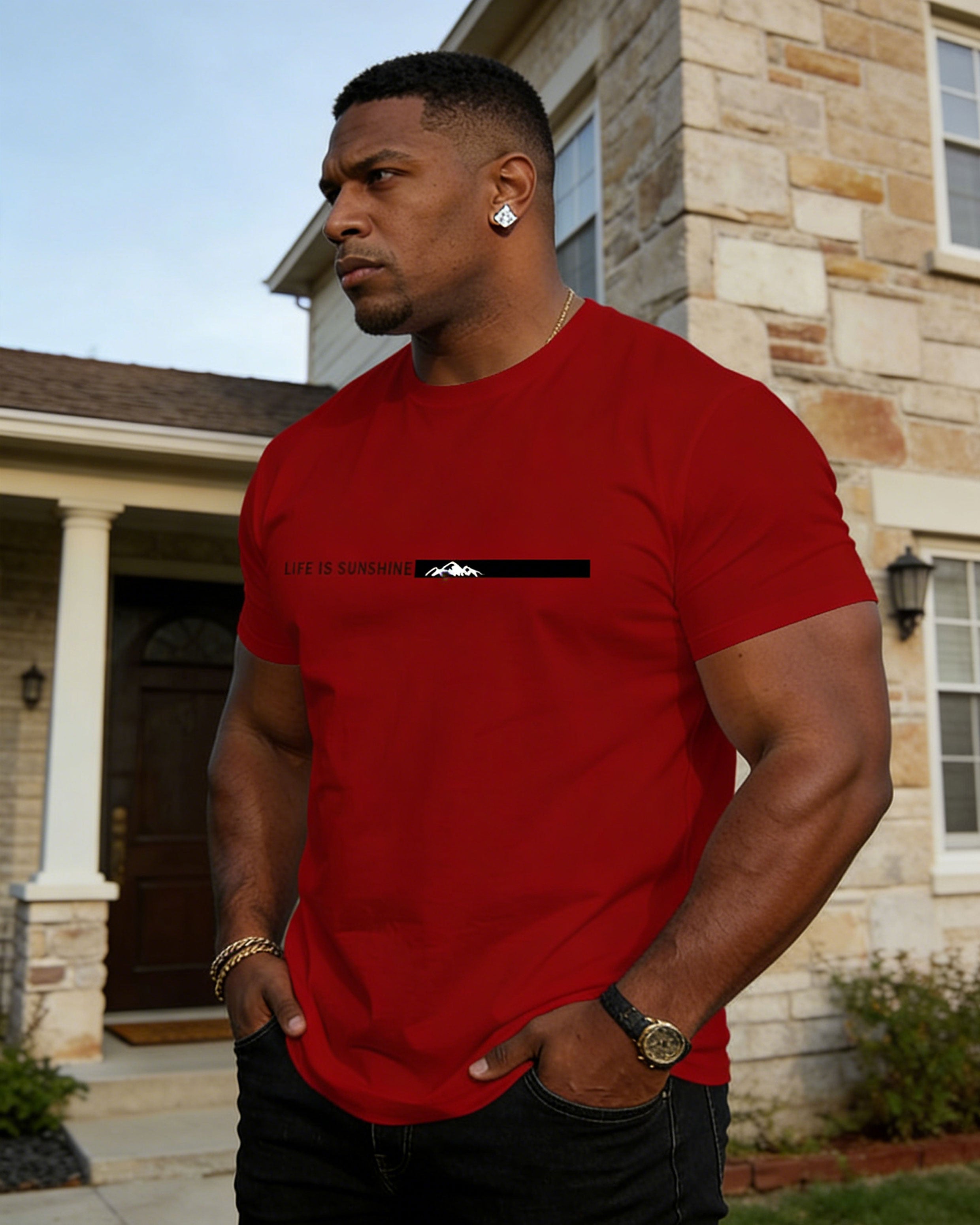 Men's Large Size Spring And Summer Casual Loose Comfortable Soft Cotton Blended Wine Red Simple Chest Printed Short Sleeve T-Shirt