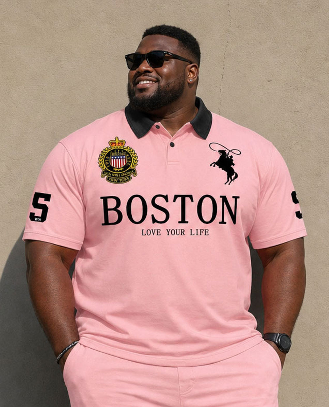 Big & Tall Men's Pink Sports Leisure Daily Pink Pattern Positioning Printed POLO Shirt Short Sleeve Shorts Set