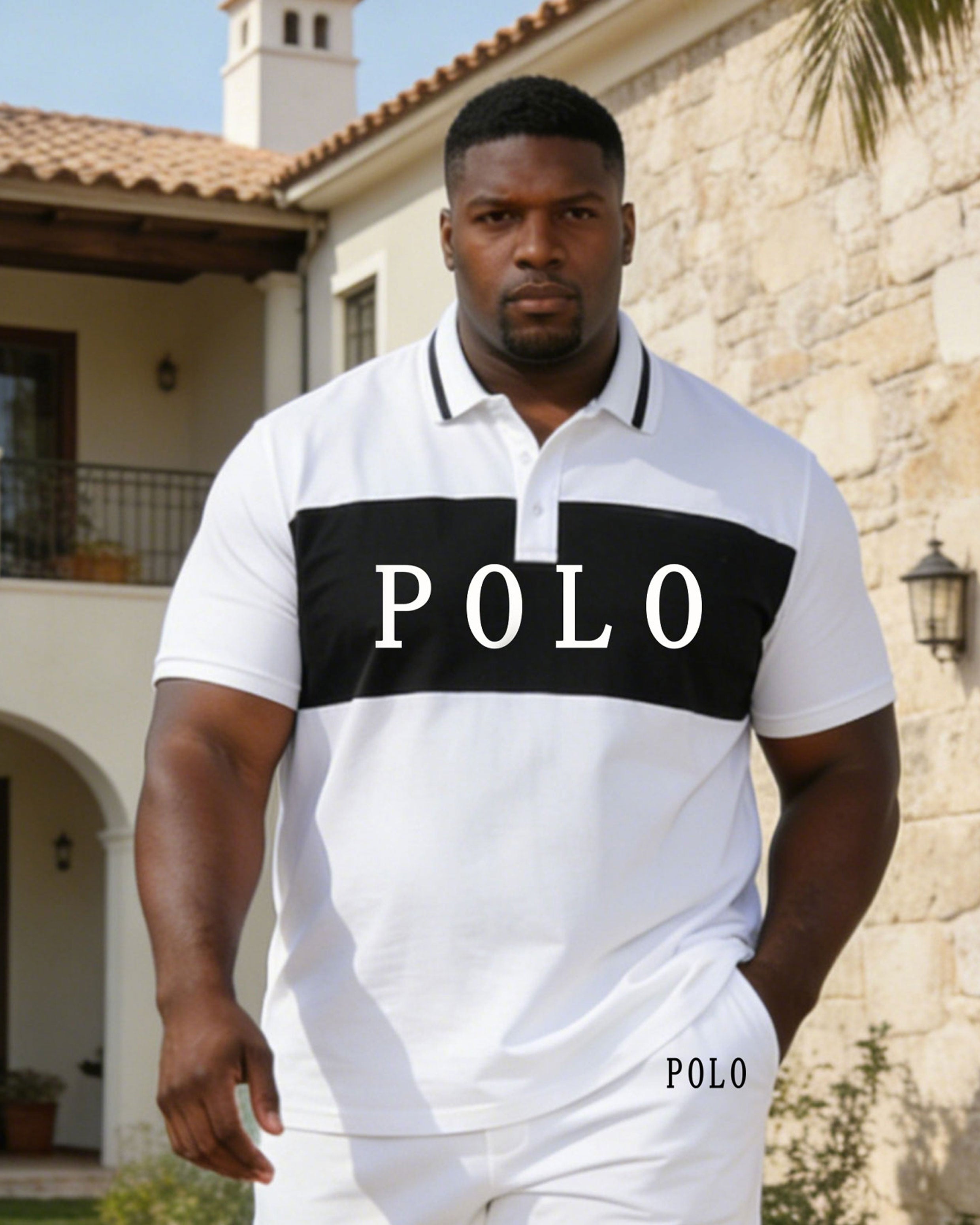 White Simple Chest Printed Polo Shirt Short Sleeve Pants Set Large Size Men