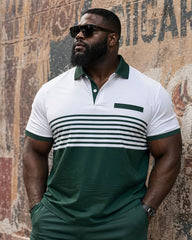 Big & Tall Men's Daily Casual Simple Green & White Stripe Contrast Short Sleeve POLO Shirt Shorts Set