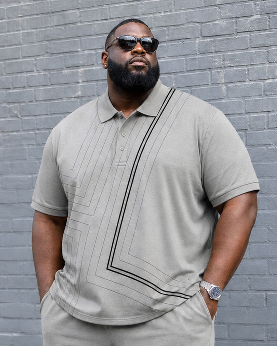 Big & Tall Men's Gray Line Geometric Button Polo Shirt Short Sleeve Shorts Set