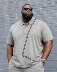 Big & Tall Men's Gray Line Geometric Button Polo Shirt Short Sleeve Shorts Set