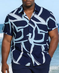 Large Size Men's Irregular Geometric Blue Short Sleeve Shirt Shorts Set