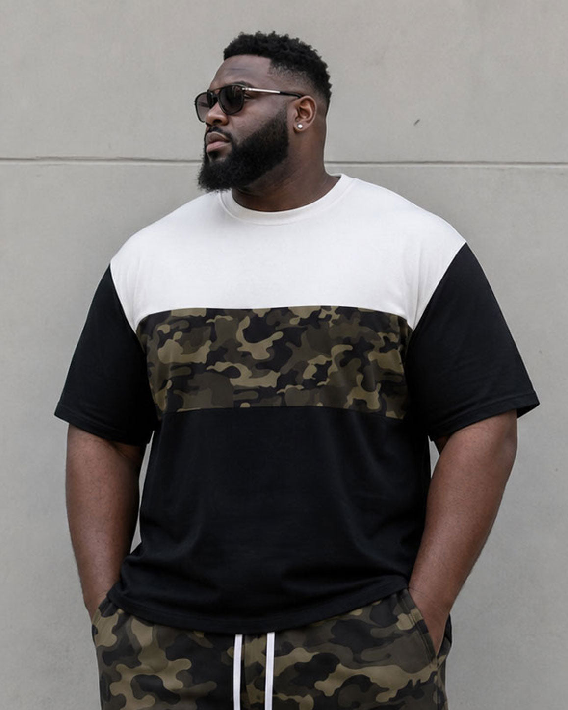 Big & Tall Men's Daily Leisure Travel Party Camouflage & Black & White Mosaic Army Green Short Sleeve T-shirt Sports Pants Set