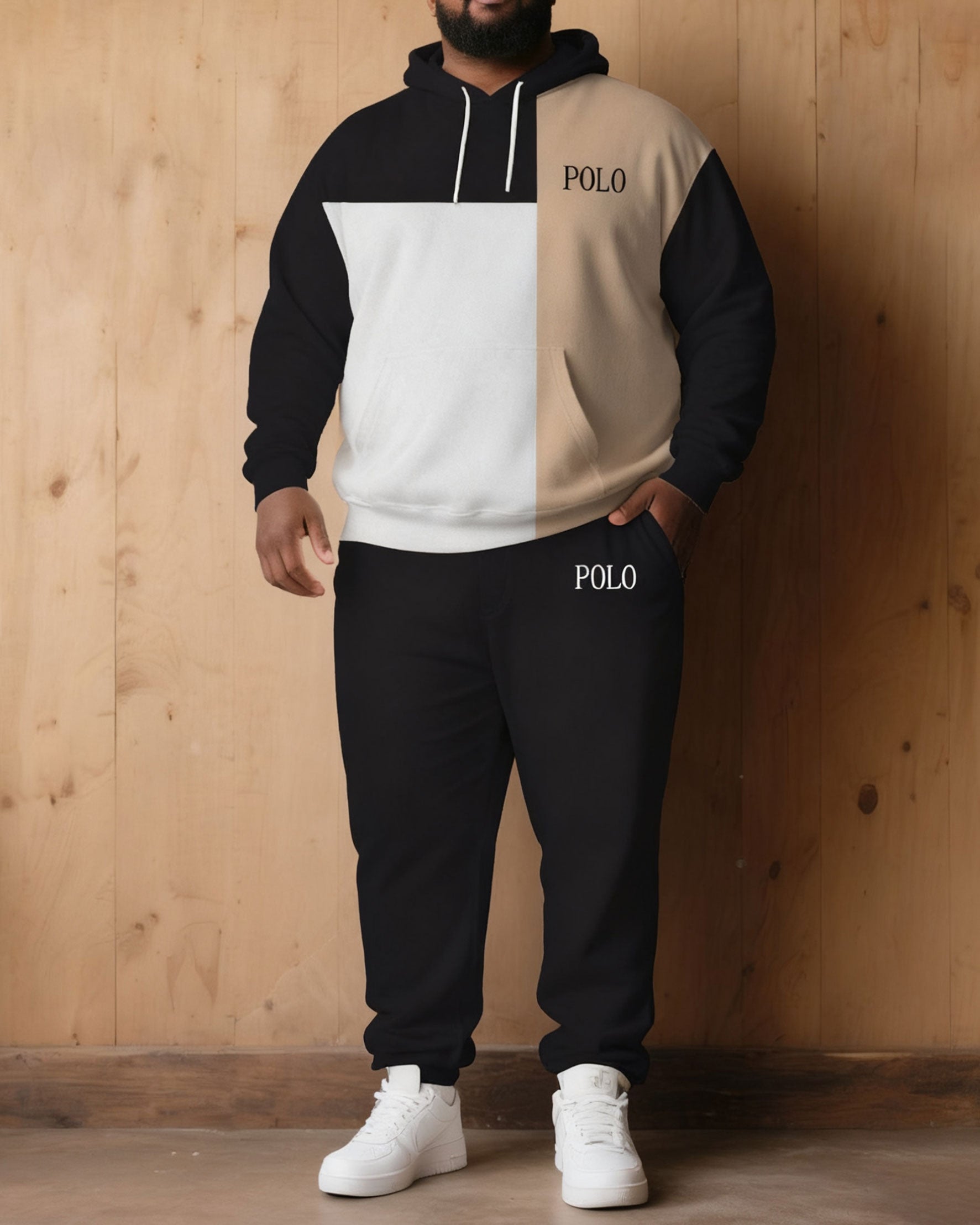 Large Size Men's Autumn And Winter Warm Cold-proof Contrast Color Stitching Chest Slogan Printed Hoodie Sweatpants Set