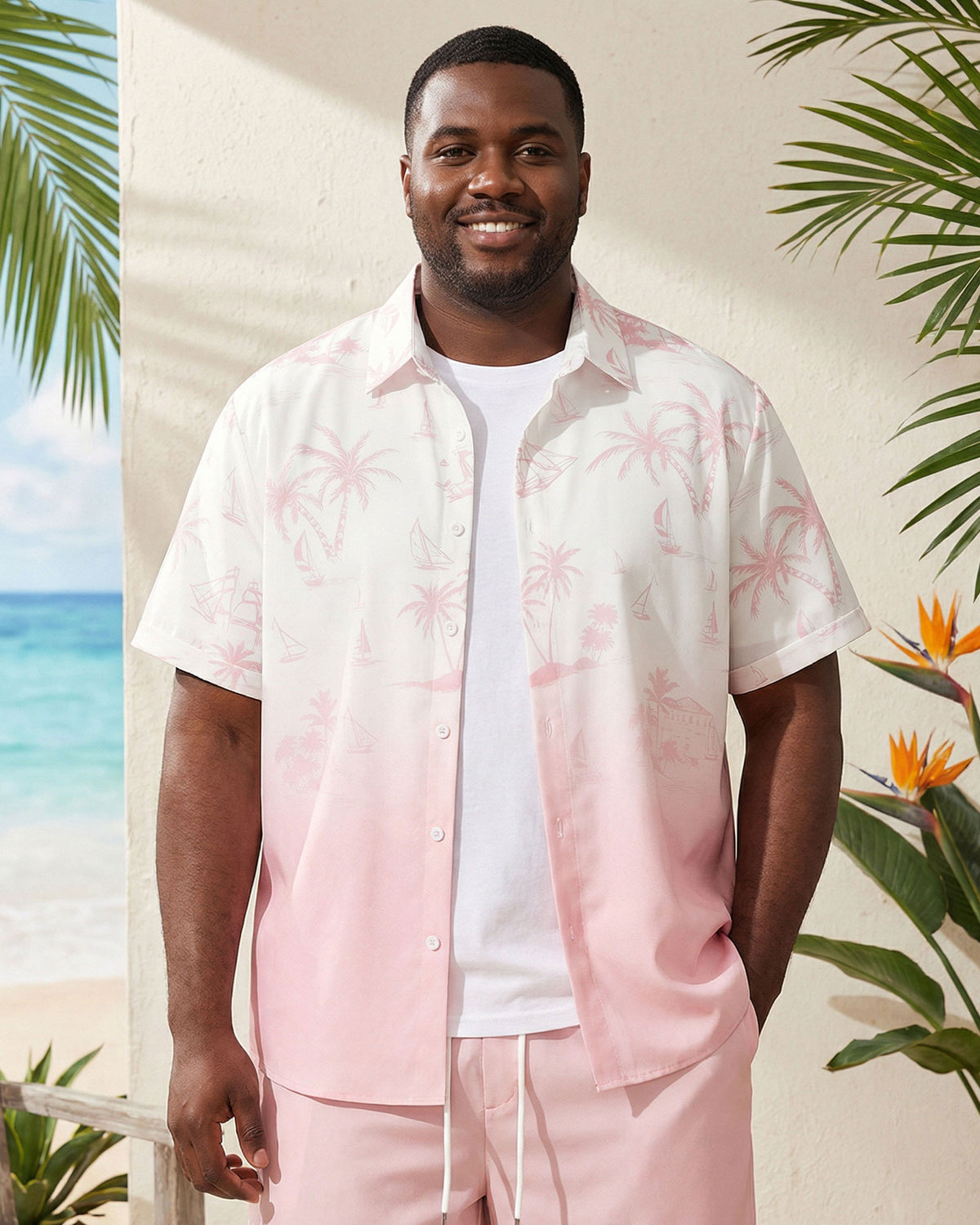 Big & Tall Men's Pink Gradient Coconut Print Button Short Sleeve Shirt Shorts Set