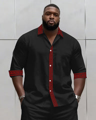 Big & Tall Men's Business Simple Black & Red Geometric Texture Contrast Long Sleeve Shirt Shorts Set