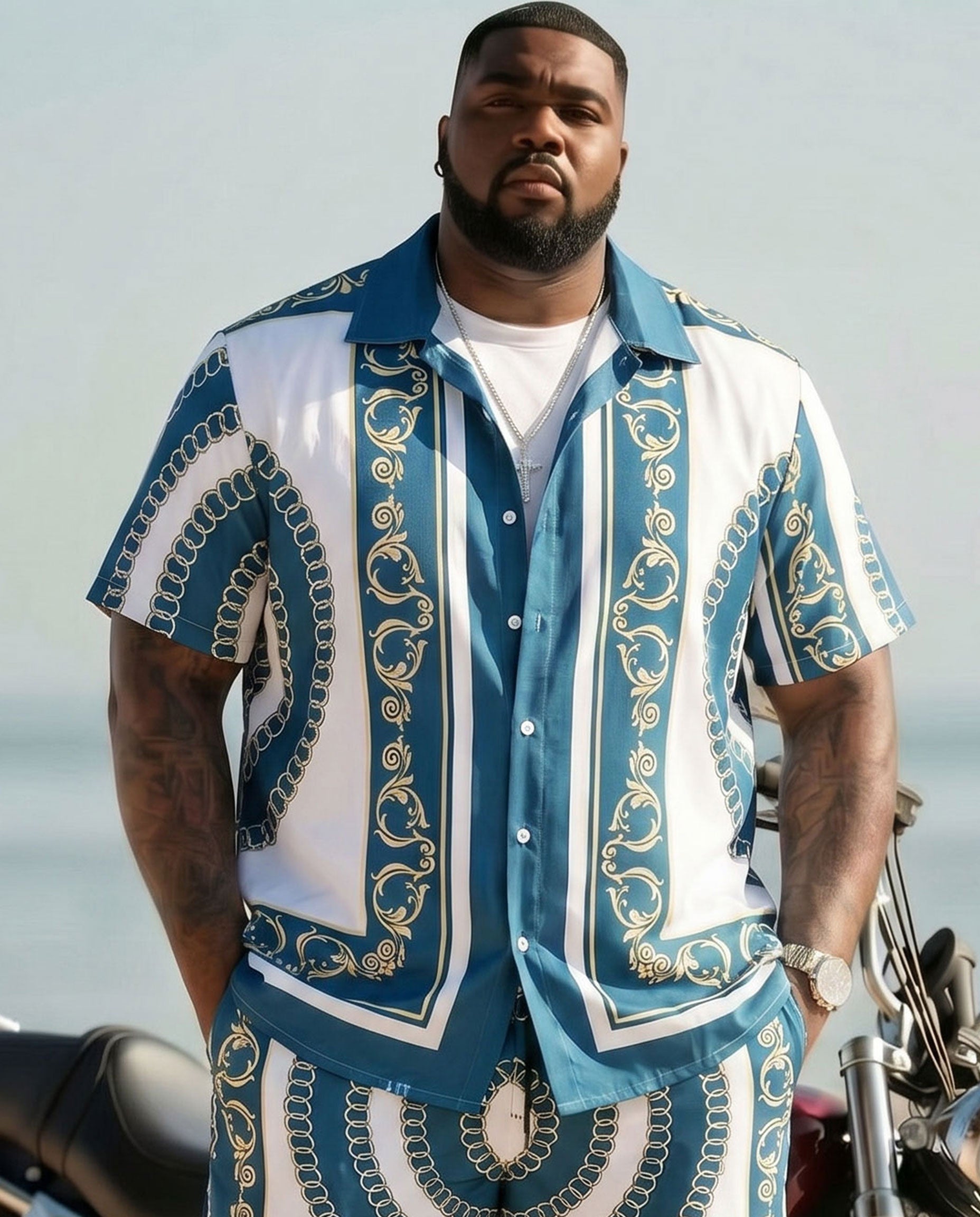 Big & Tall Men's Hawaiian Holiday Light Luxury Baroque Blue & White Short Sleeve Cardigan Shirt Shorts Set