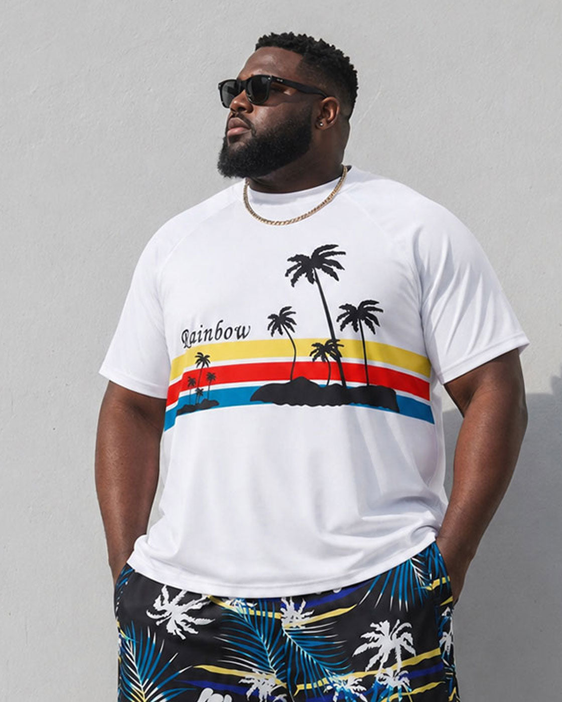 Big & Tall Men's Hawaiian Holiday Rainbow Brown Tree Print T-Shirt Shorts Set