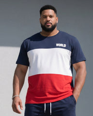 Big & Tall Men’s Royal Blue, White, And Black Patchwork Contrasting Color Chest “World” Slogan Printed T-Shirt And Shorts Set