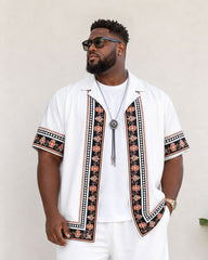 Big & Tall Men's Vintage Baroque Pattern Symmetrical Printed Hawaiian Holiday Button Shirt Short Sleeve Shorts Set