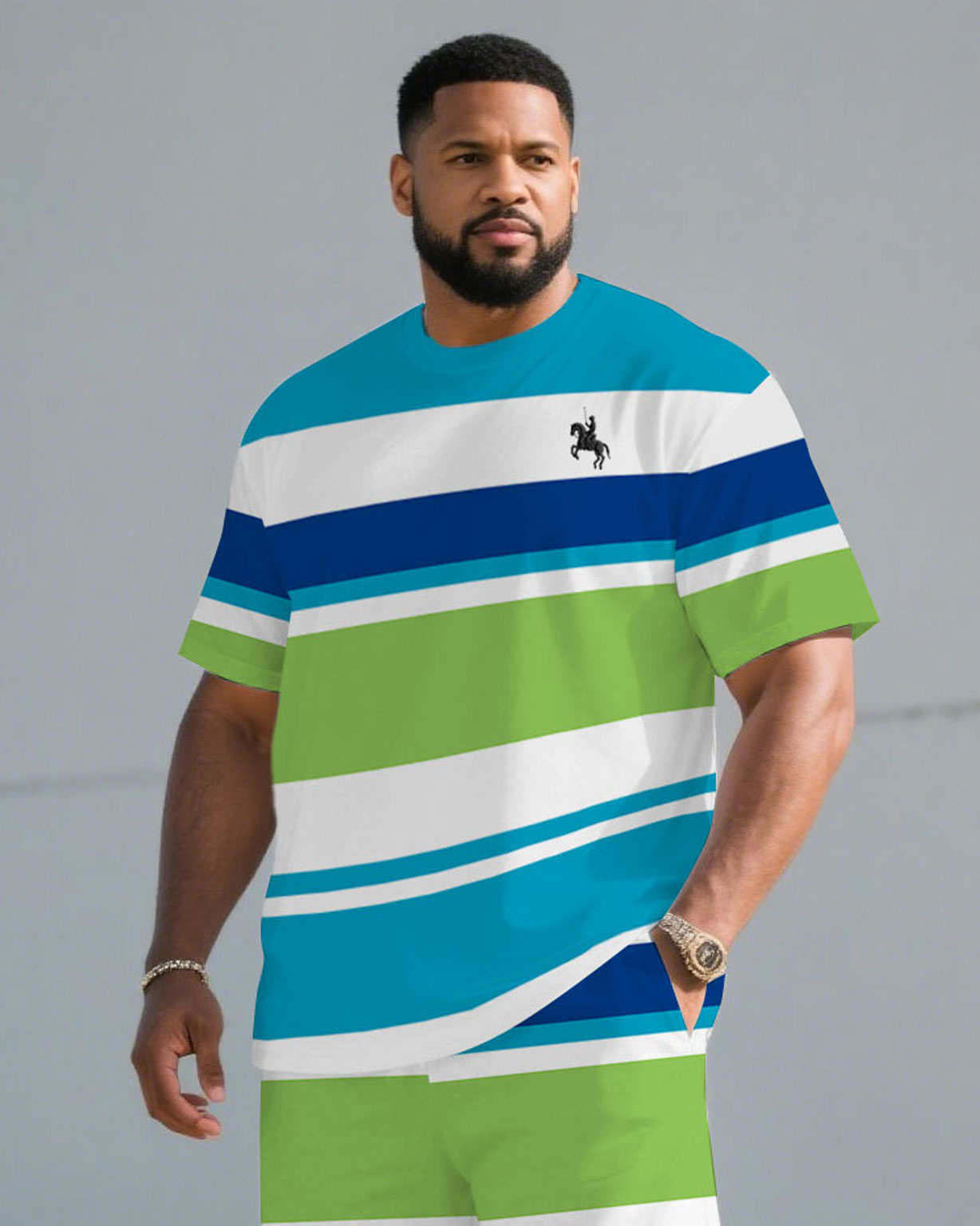 Big & Tall Men's Blue And Blue Colorful Striped Chest Pony Print T-Shirt Shorts Set