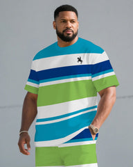 Big & Tall Men's Blue And Blue Colorful Striped Chest Pony Print T-Shirt Shorts Set