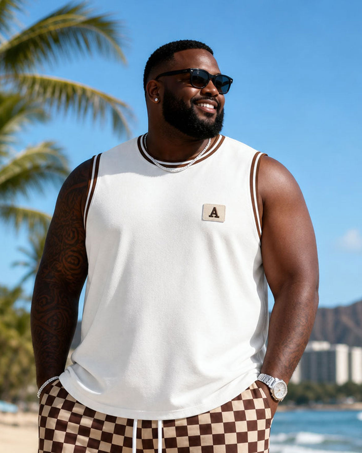 Big & Tall Men's Hawaiian Checkerboard Print Tank Shorts Set