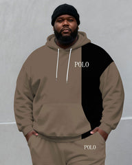 Large Size Men's Autumn And Winter Warm Cold-proof Grey Curry & Black Contrast Small Label Printed Hoodie Sweatpants Set