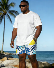 Big & Tall Spring And Summer New Valentine's Day Dating Party Party Vacation Plant Printed White Crewneck Short Sleeve T-Shirt Shorts Set Couple Dress